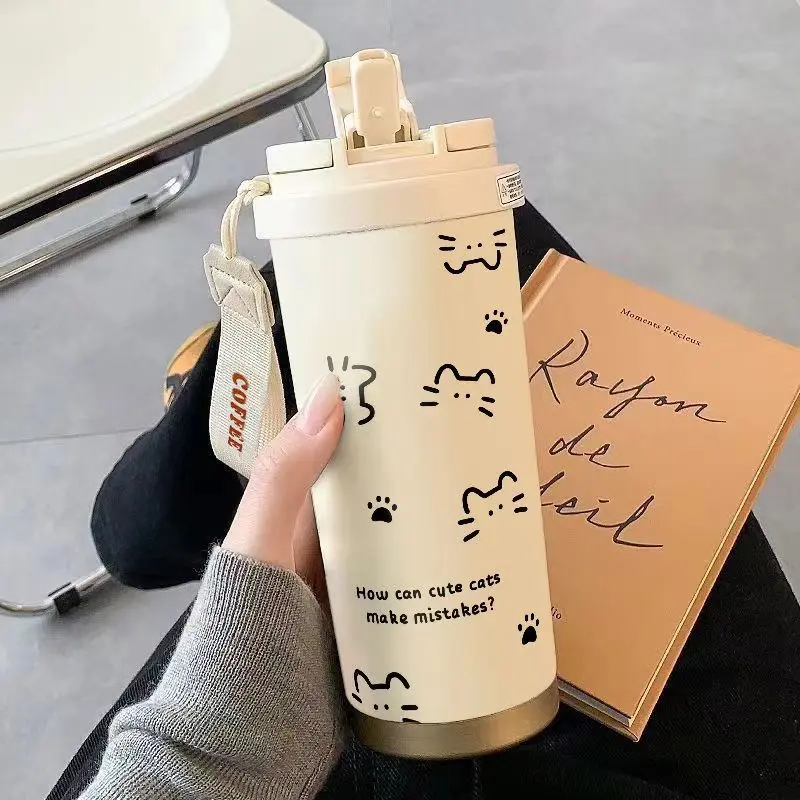 Çizgi kedi su bardağı büyük kapasiteli termos pipetli içme suyu spor araba taşınabilir erkek ve kız öğrenci okul bardağı