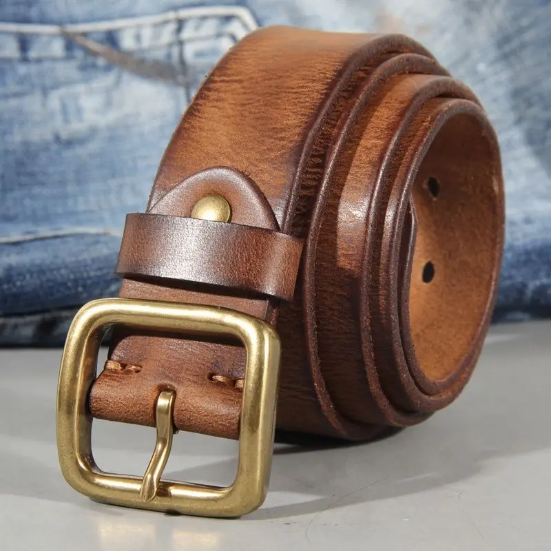 Vintage copper buckle men's belt washed denim belt genuine leather fashion pin buckle men's top grain cowhide belt authentic