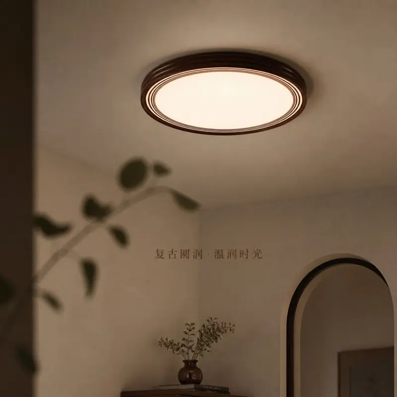Solid Wood Ceiling Light, New Chinese Style, Walnut Color, Full-Spectrum Eye Protection
