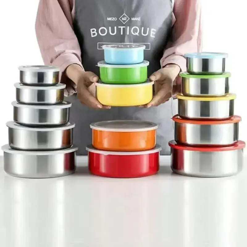 Edelstahl-Frischhalte-Set mit fünf Teilen für Kühlschrank, Frischhalte-Lagerbehälter mit rundem Deckel, Frischhaltebehälter, Exportverpackung
