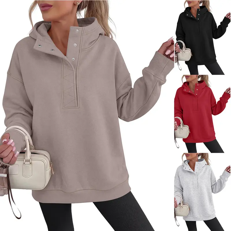 Women's Half-Button Loose Long-Sleeve Hooded Sweatshirt