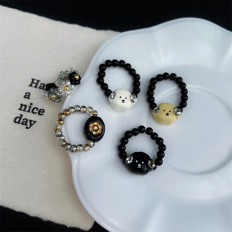 Women's Alloy Ring with Black Glass Beads and Puppy Charm, Korean Style