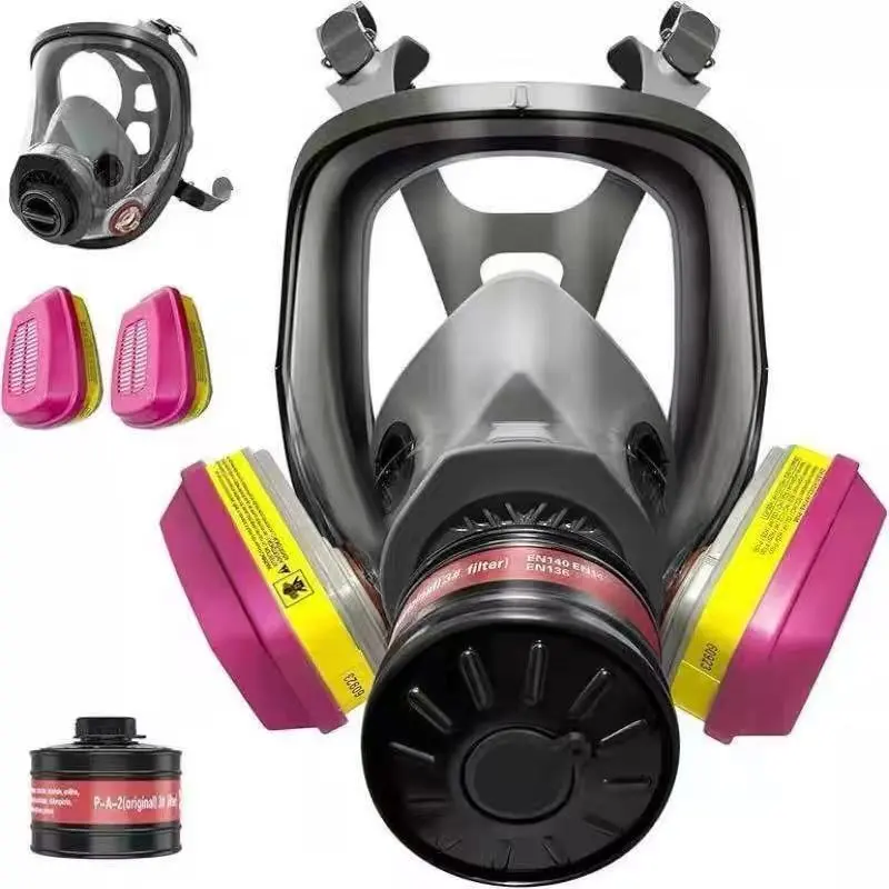 Full-Face Gas Mask with Three Ports, Compatible with Filter Canisters