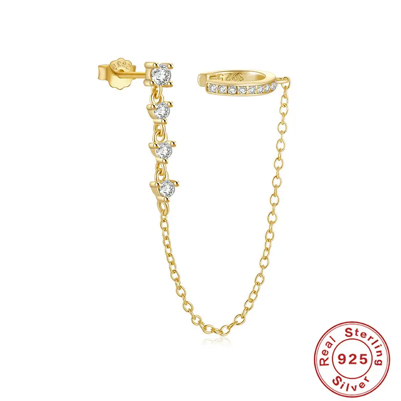 S925 Sterling Silver Single-Row Stone Non-Pierced Ear Clip with Tassel