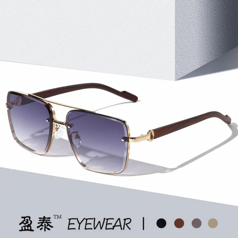 Square metal double-bridge sunglasses with wood-grain temples