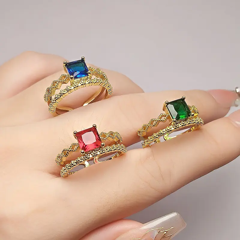 Retro Chinese Style Women's Ring, Square Sapphire, 24K Gold Plated, Red Diamond