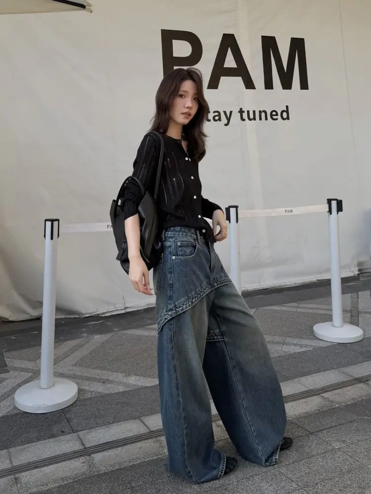 Damen-Jeans mit weitem Bein, Patchwork-Optik im Zweiteiler-Look, Vintage