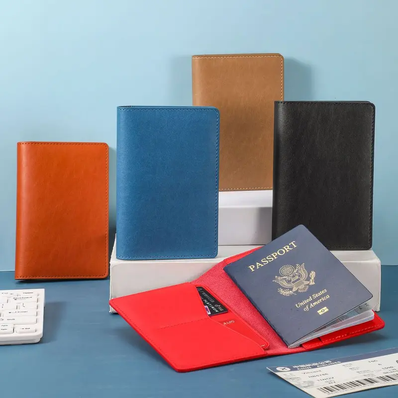 Hakiki Deri Pasaport Kılıfı RFID Korumalı Seyahat Etiket Belge Çantası Pasaport Tutucu Hediye Kutusu Seti Logo Özelleştirme