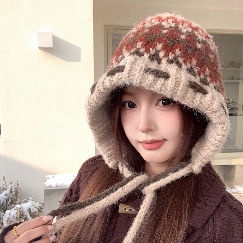 Women's Autumn Winter Jacquard Knit Beanie with Ear Protection, Heat-Retaining