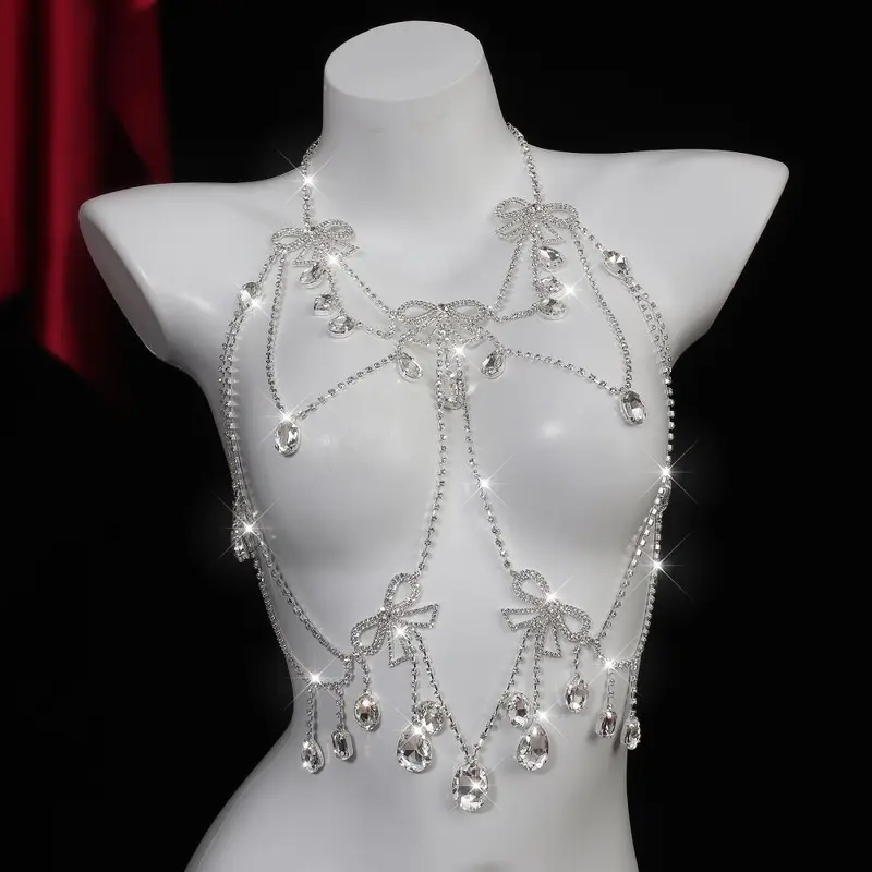 Multi-Layer Bow Full Rhinestone Bikini Chest Chain, Body Chain