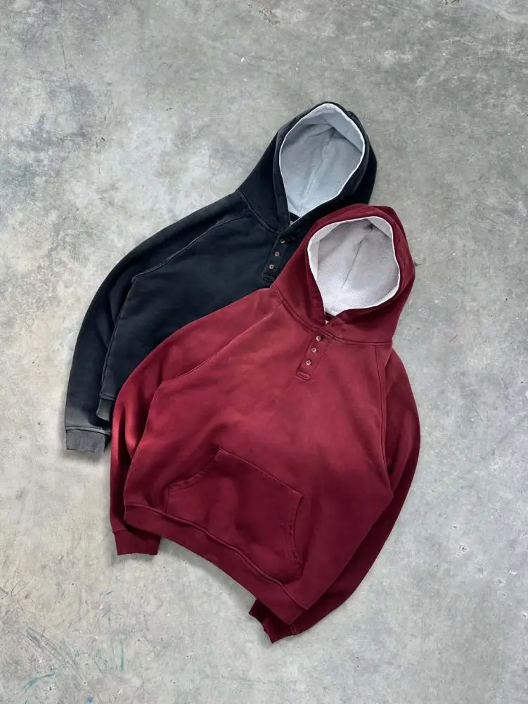 Men's Solid Color Button Hooded Sweatshirt, Retro Streetwear