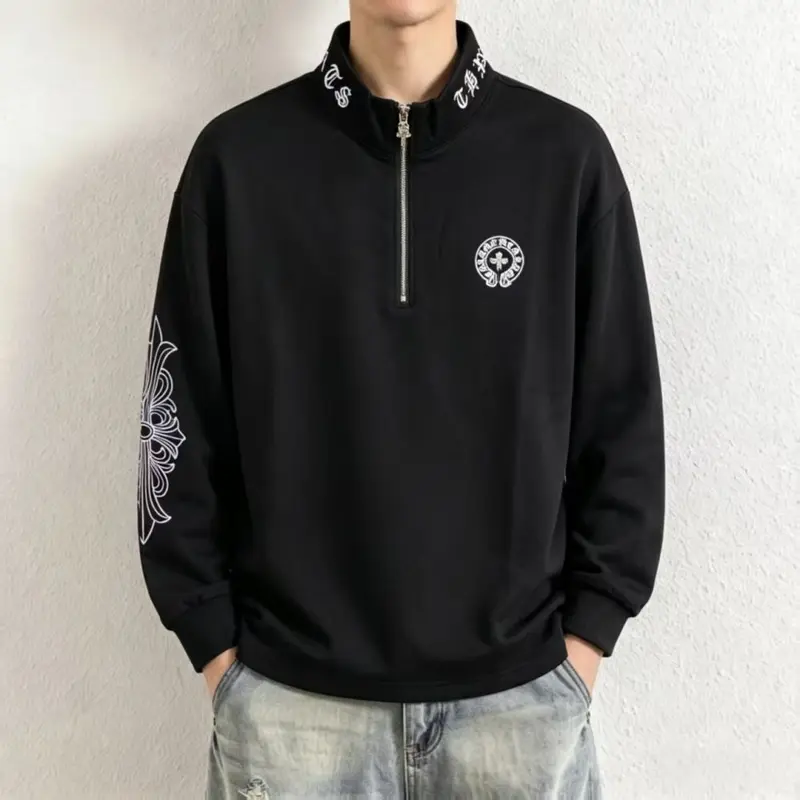 Men's Long Sleeve Printed Sweatshirt, Zipper and Embroidered Stand Collar