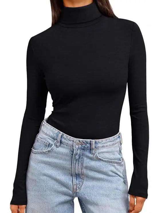 High Neck Long Sleeve Women's Base Layer Top, Solid Color Slim Fit