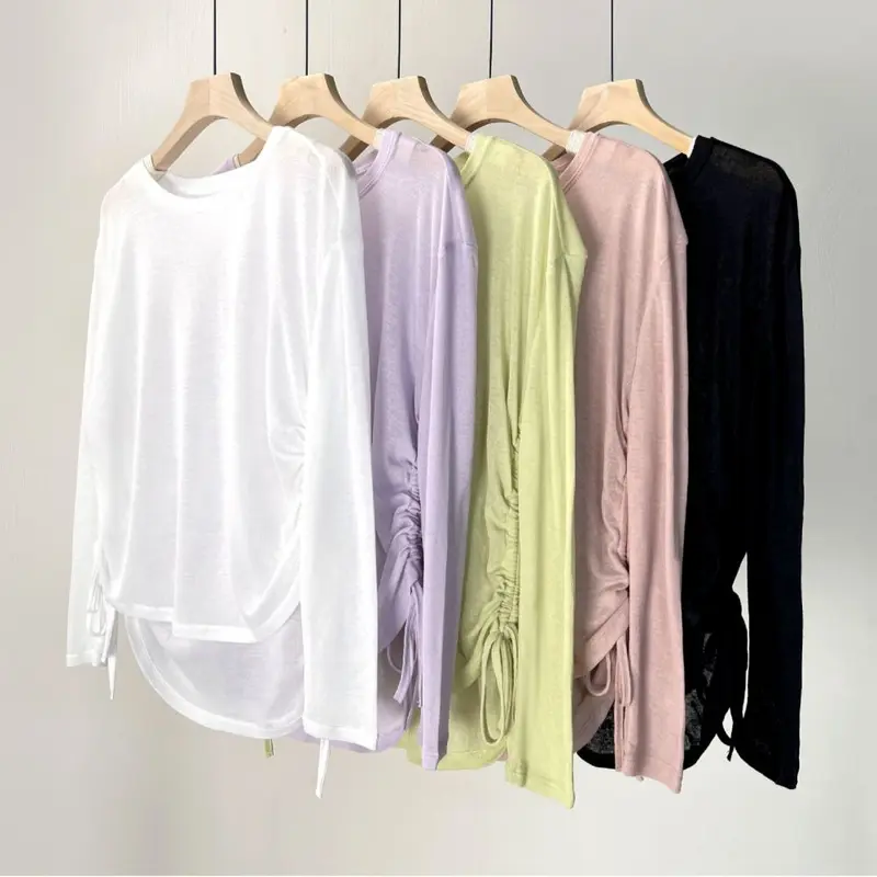 Tencel Ribbed Women's Long-Sleeve Yoga Running Top, Drawstring Loose Fit