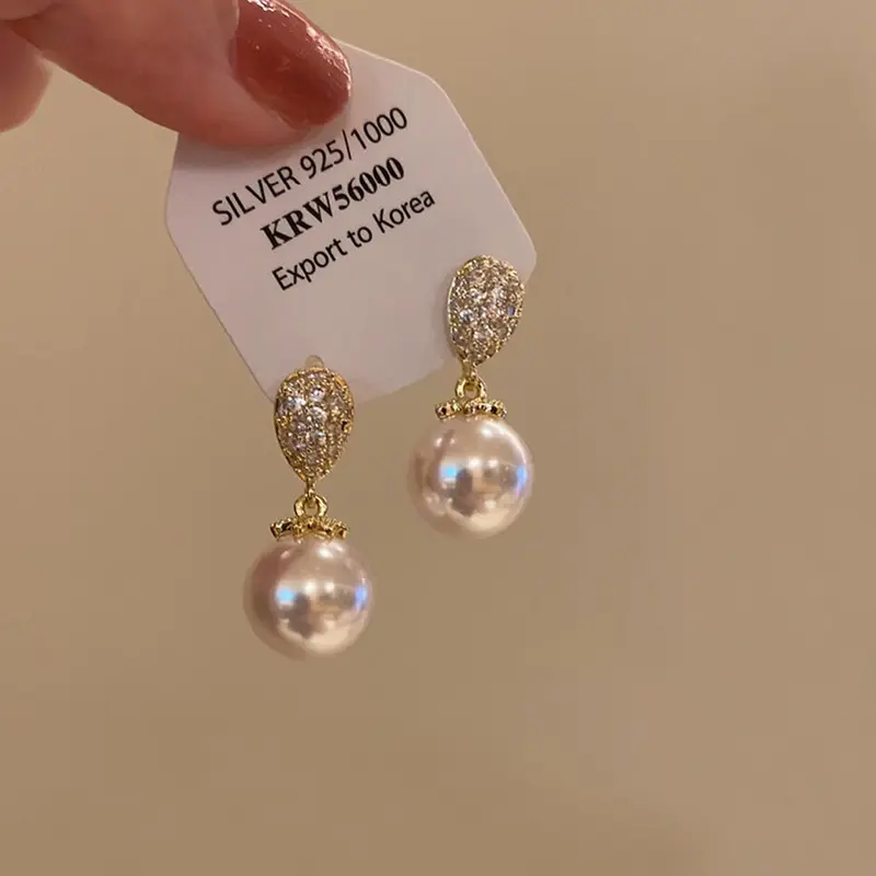 Pearl earrings, S925 silver studs, zircon accents