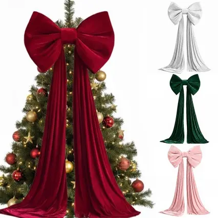 Oversized Red Velvet Christmas Tree Bow with Trailing Tail, Party Decor