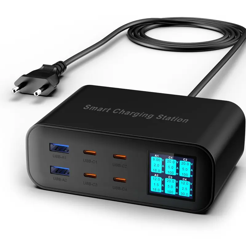 USB-Multi-Port-Ladegerät mit PD Schnellladung, multifunktional, 6 Anschlüsse, mehrere Schnittstellen, intelligentes digitales Display, Desktop-Ladegerät mit mehreren Anschlüssen, PD 100W