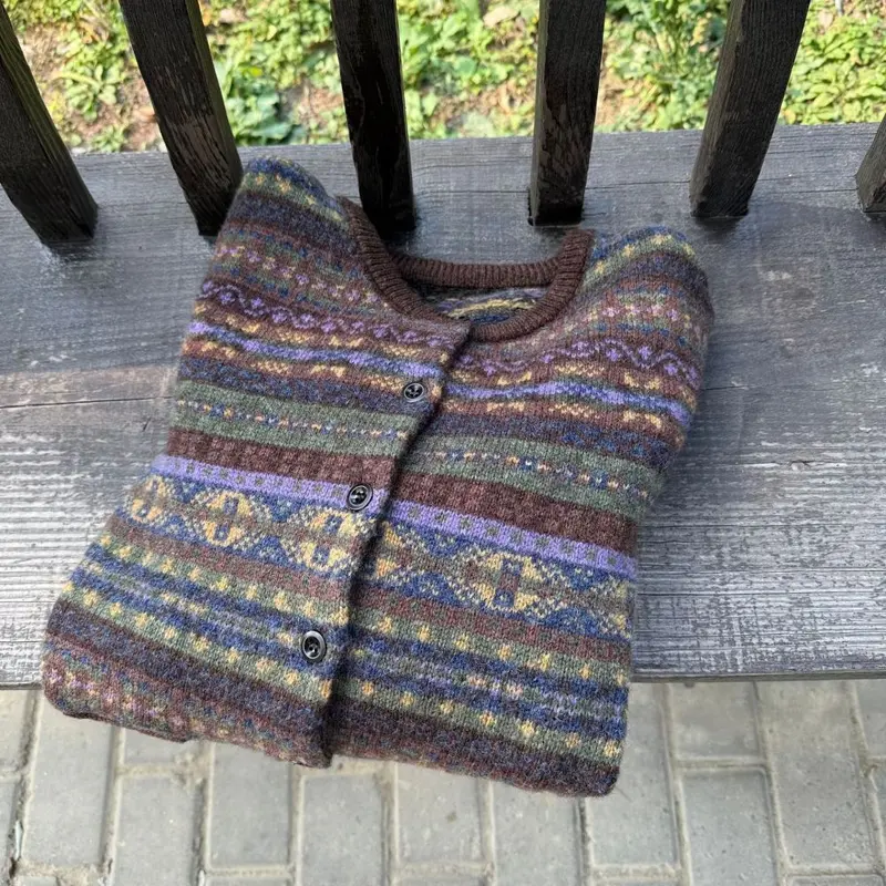 Damen-Strickjacke Fair Isle, 100 % Wolle, Rundhals, Winter