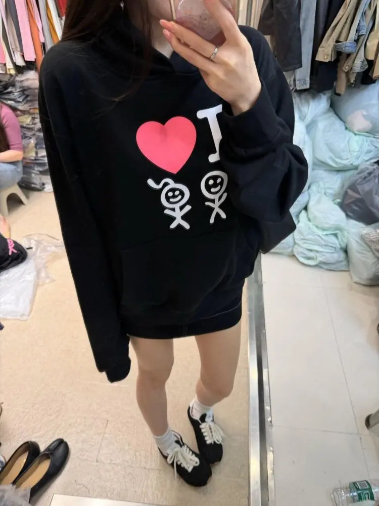 Kadın Kapüşonlu Sweatshirt Kalp Çöp Adam Baskılı Bol Kesim Cepli