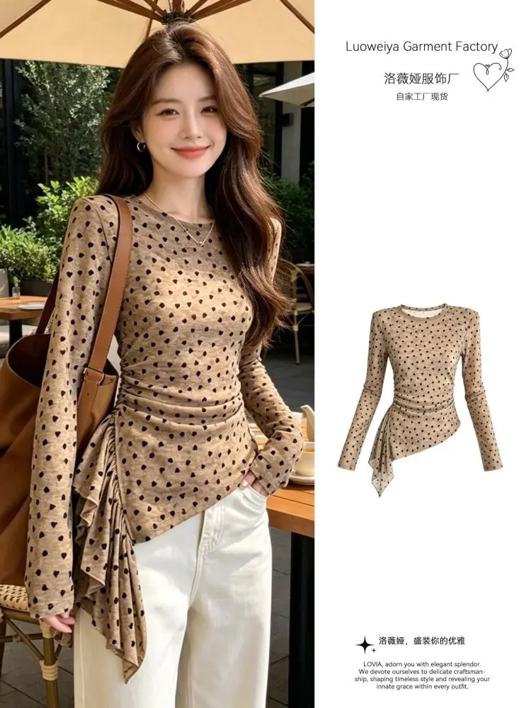 Women's Korean Style Irregular Polka Dot Long Sleeve T-Shirt