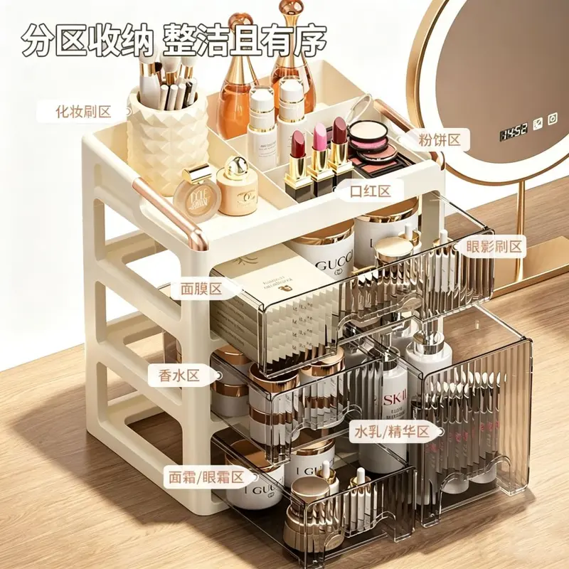 Vanity cosmetics storage box, three-tier