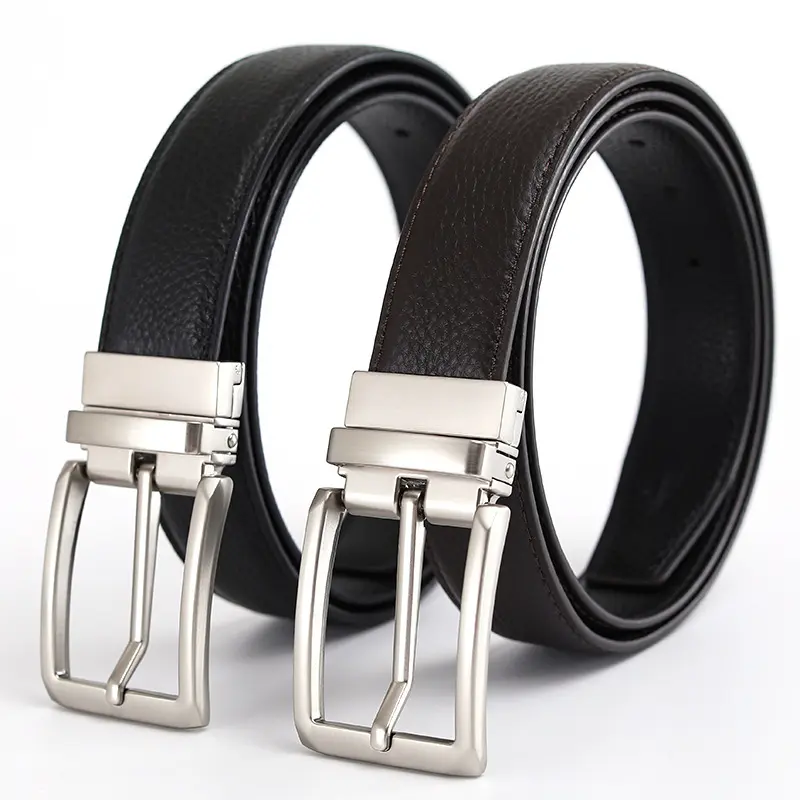 Men's belt made from top-grain cowhide, pin buckle, reversible buckle, double-sided genuine leather, versatile daily style belt for young and middle-aged men.