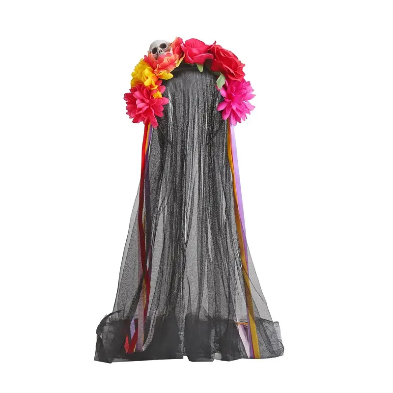 Skull Halloween Party Headband with Colorful Artificial Rose