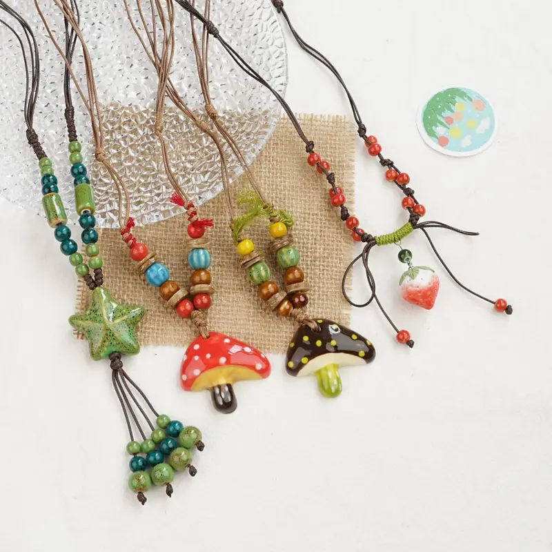 Jingdezhen ceramic mushroom pendant, Chinese style long sweater chain