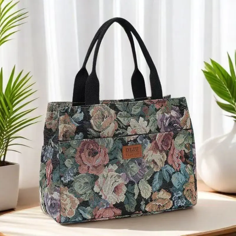 Retro-Handtasche mit Blumenmuster, großes Fassungsvermögen