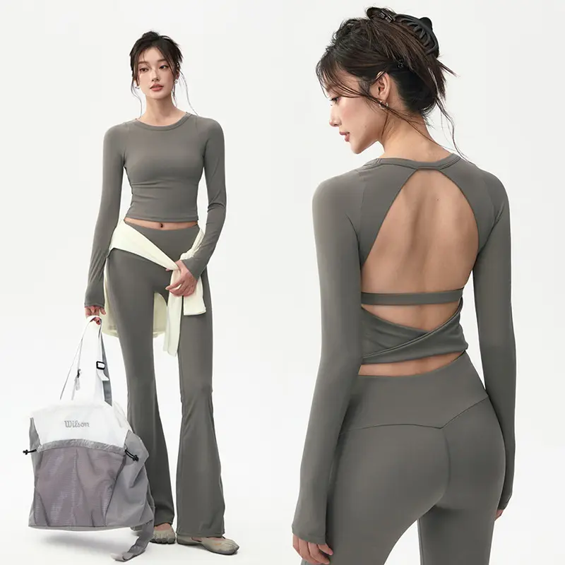 Women's Yoga Set with Bra Pads, Long-Sleeve Top and Pilates Pants