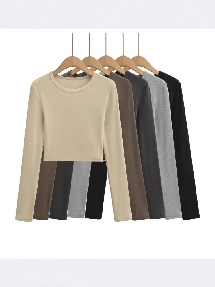 Women's Slim Fit Long Sleeve Stretch Basic T-Shirt, Solid Color, Round Neck