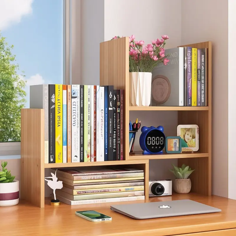 Multi-Layer Desktop Bookshelf with Retractable Vertical Storage Rack