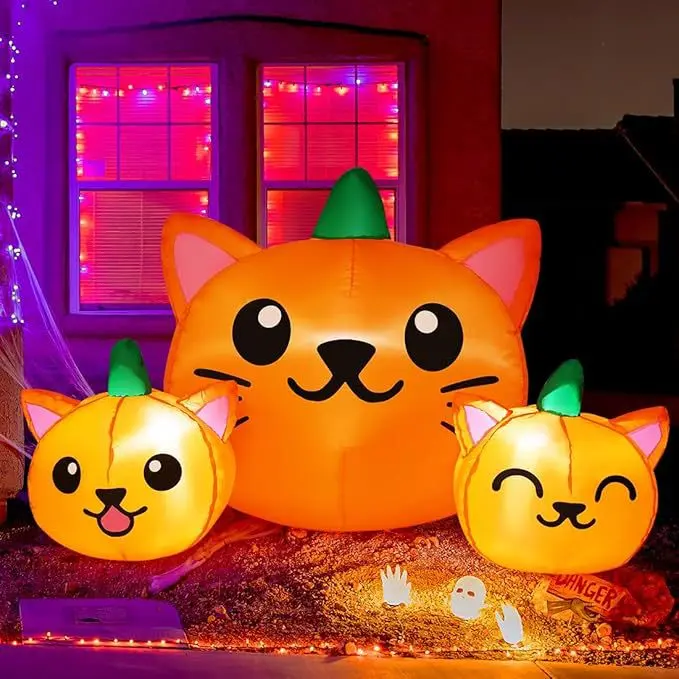 5 FT Halloween Inflatable Cat Head Pumpkin with LED Lights