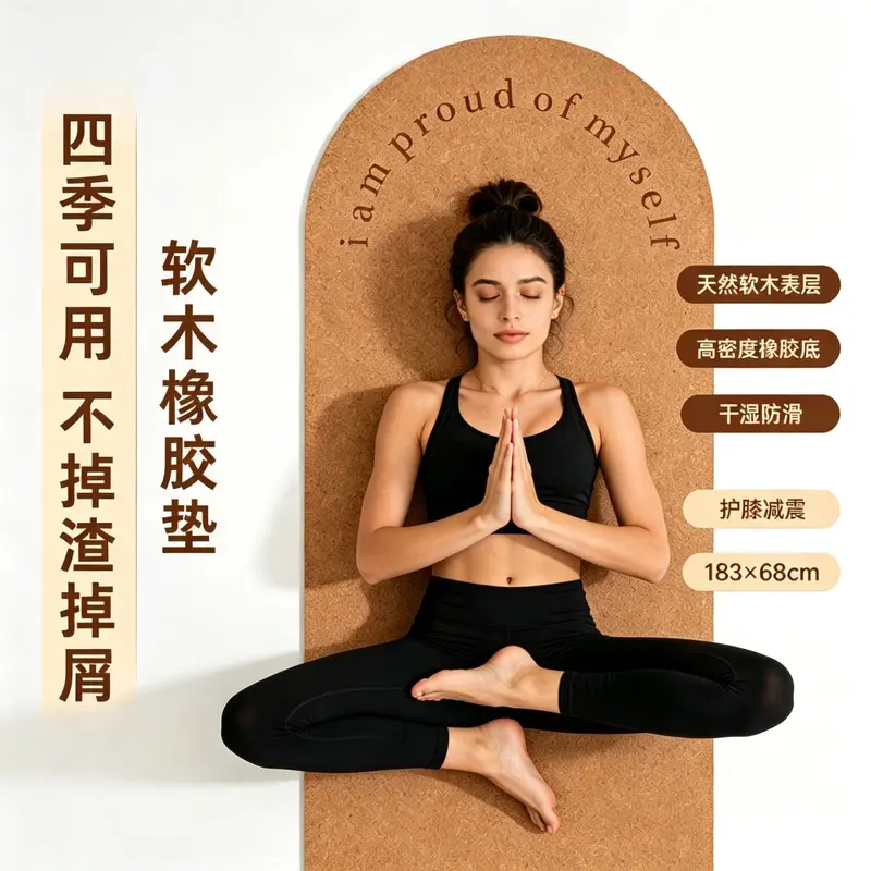 Yoga mat, 183x68cm, natural rubber, cork surface, silent