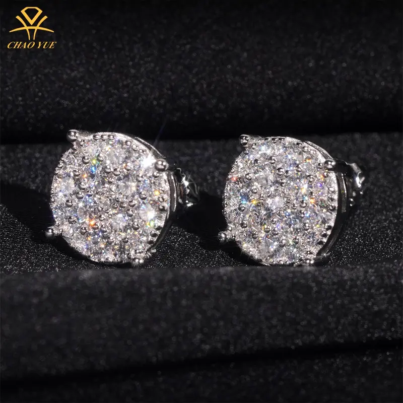 9.8mm Ice Crystal Stud Earrings, S925 Sterling Silver with Moissanite, Unisex Hip-Hop Jewe