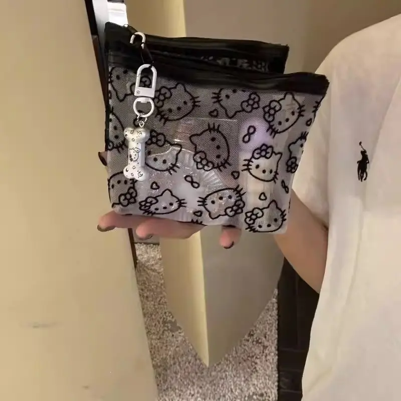 Transparent Mesh Kitty Makeup Storage Bag, Portable