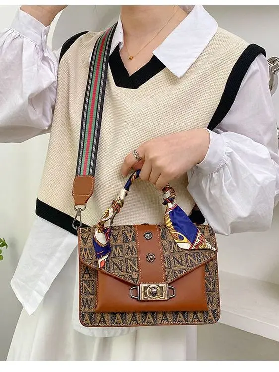Retro Print Small Square Women's Crossbody Bag with Silk Scarf Detail