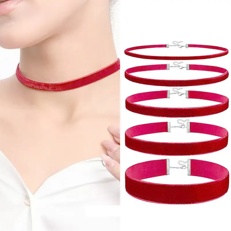 Kırmızı kadife choker kolye, altın telli, 0,6 mm-2,5 cm