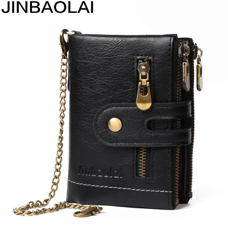 JINBAOLAI Retro Chain Men's Wallet with Double Zipper and Coin Pocket