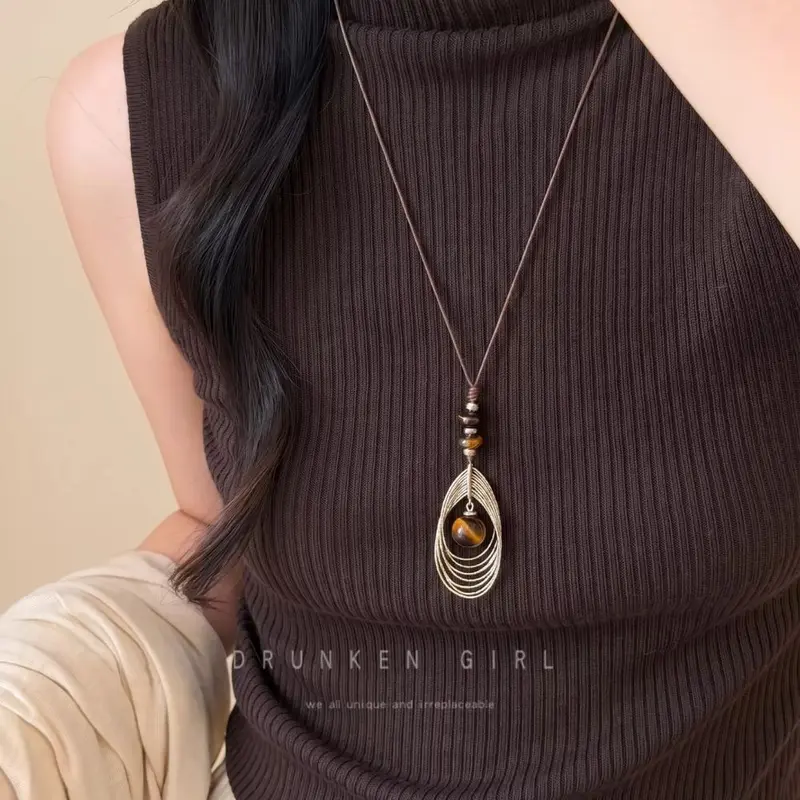 Tiger's Eye Gold Sparrow Feather Pendant Necklace, Long, Women's