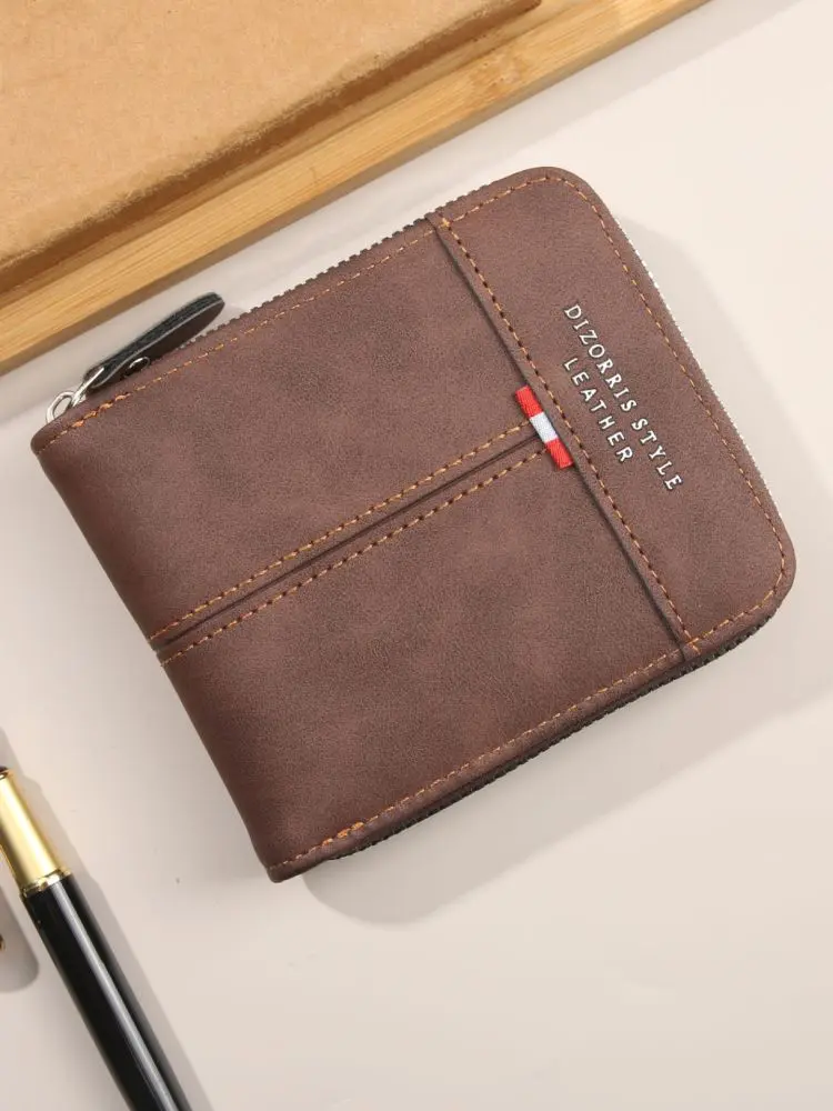 Men's Short Three-Fold Wallet with Zipper Coin Compartment, Retro Buckle