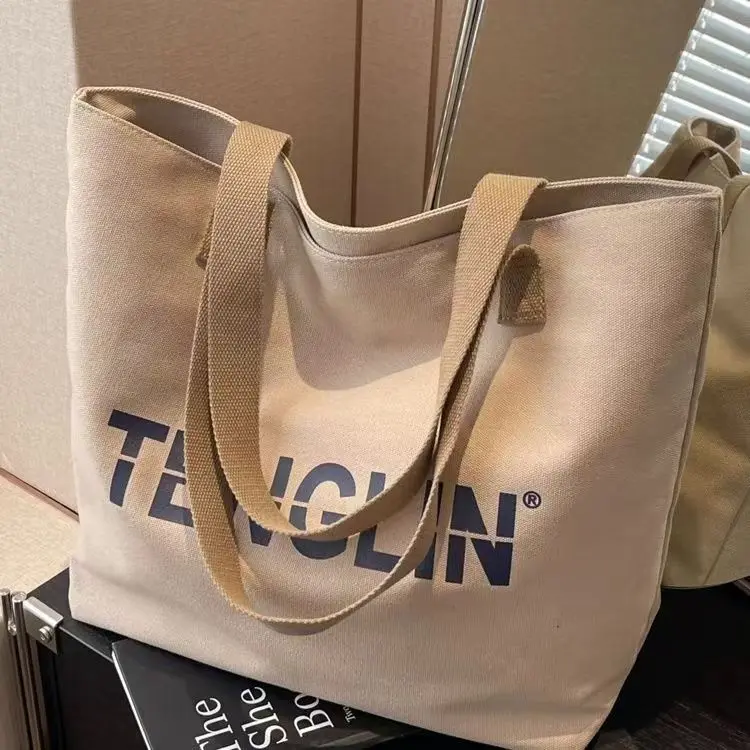 Japanese-Style Large Canvas Tote Bag with Letter Print, Single Shoulder