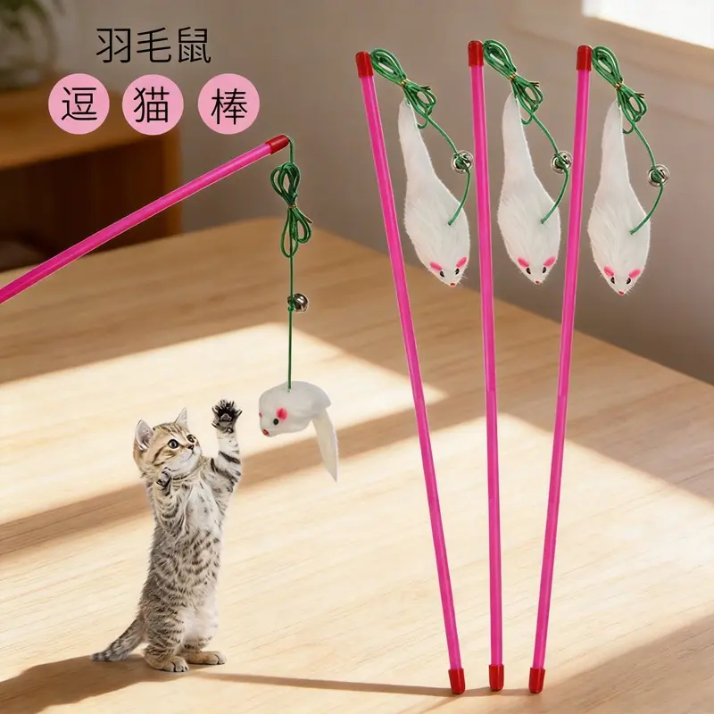 Cat Teaser Wand with Mouse and Rabbit Fur Ball Cat Toys