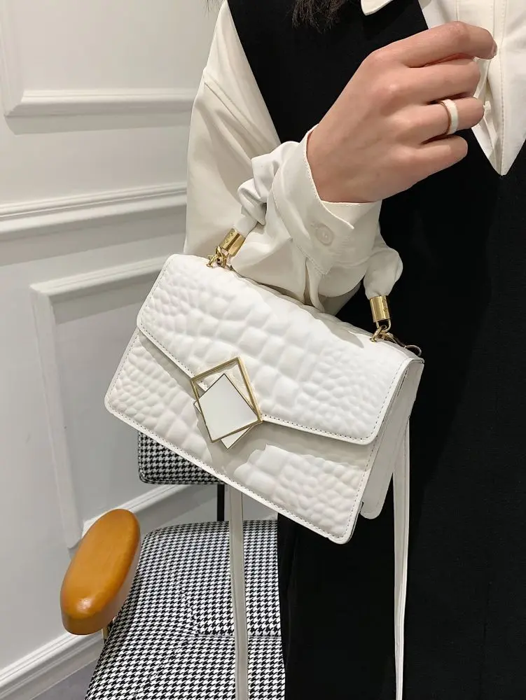 Women's Pleated Shoulder Bag, Solid Color, Stone Pattern Small Square