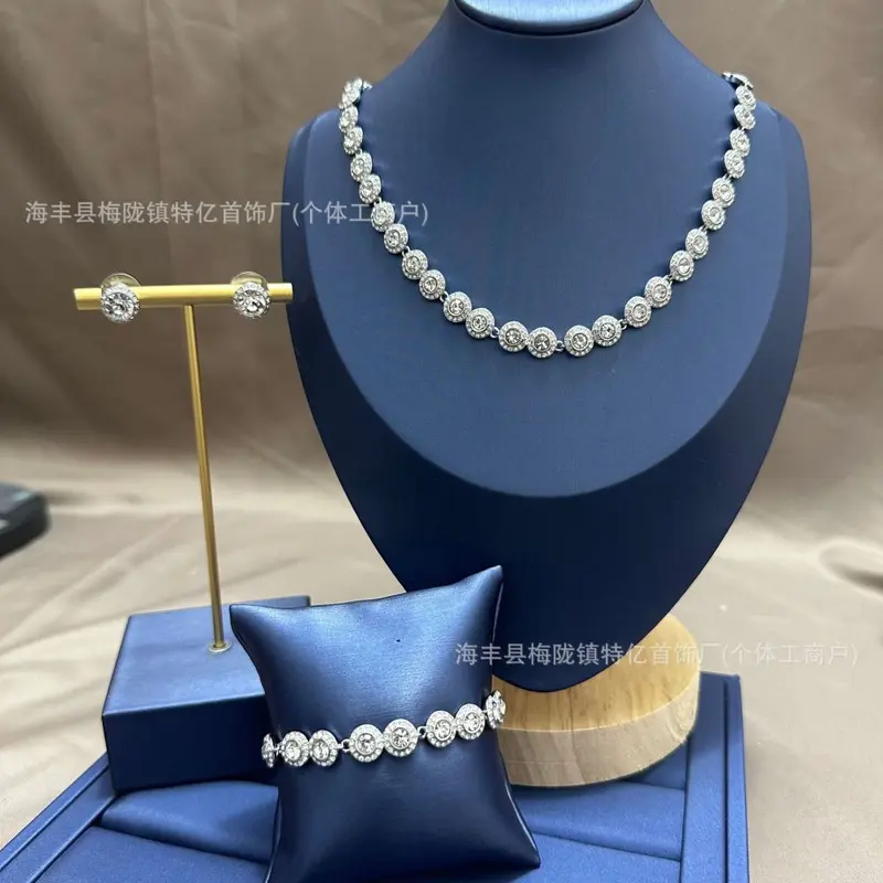 Round Button Full Rhinestone Necklace, Bracelet and Earring Set