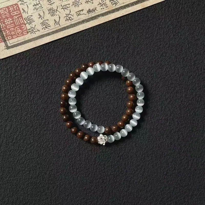 Ahşap Sandal Ağacı Lotus Bilezik, El Yapımı Çift Halka