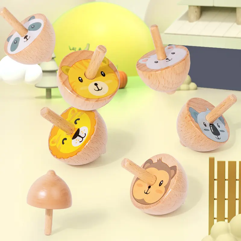 Wooden mini spinning tops, fruit and animal shaped