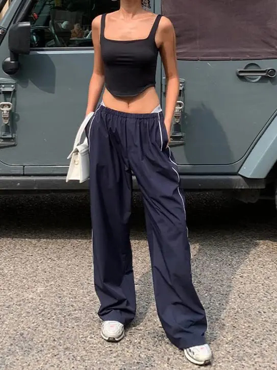 Long Casual Pants with Side Drawstrings, Elastic Waist, 2025 Summer