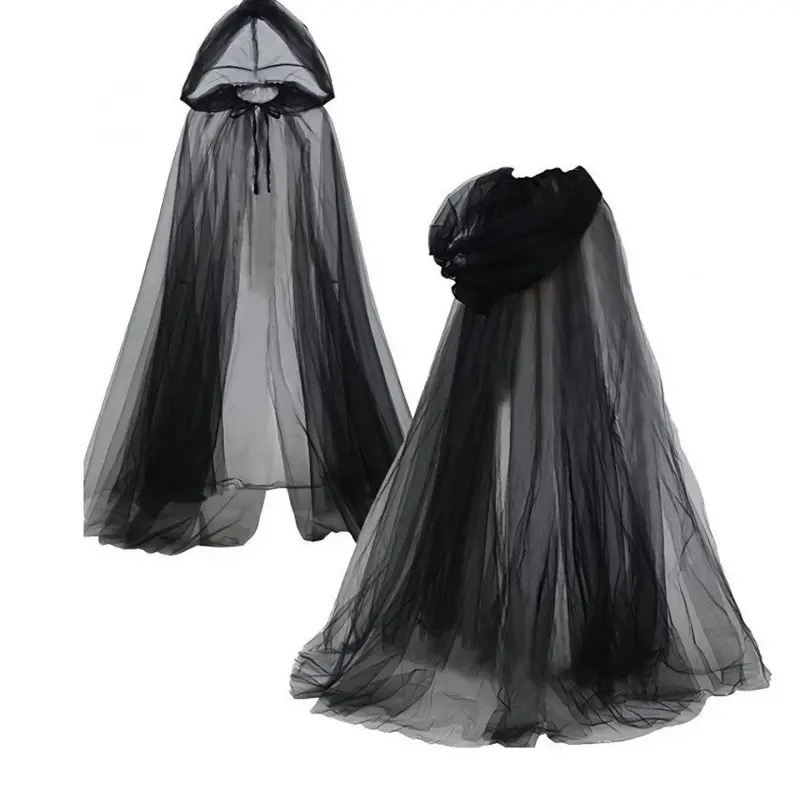 Three-Layer Black Mesh Witch Cape with Hood for Halloween Cosplay