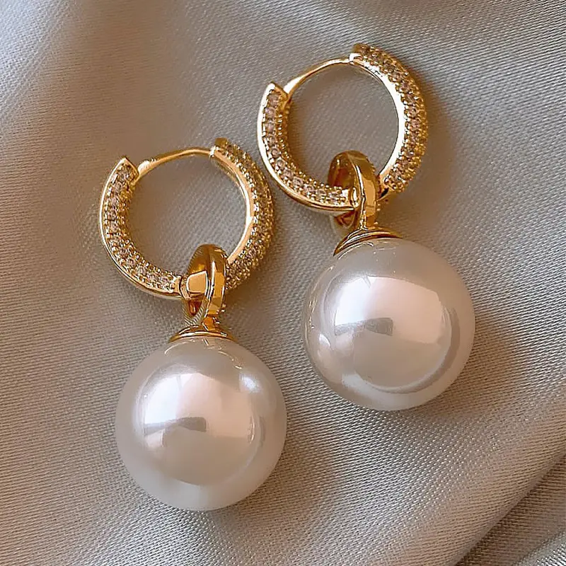 Round Pearl Earrings, Zircon Micro-Inlaid, Women's Studs